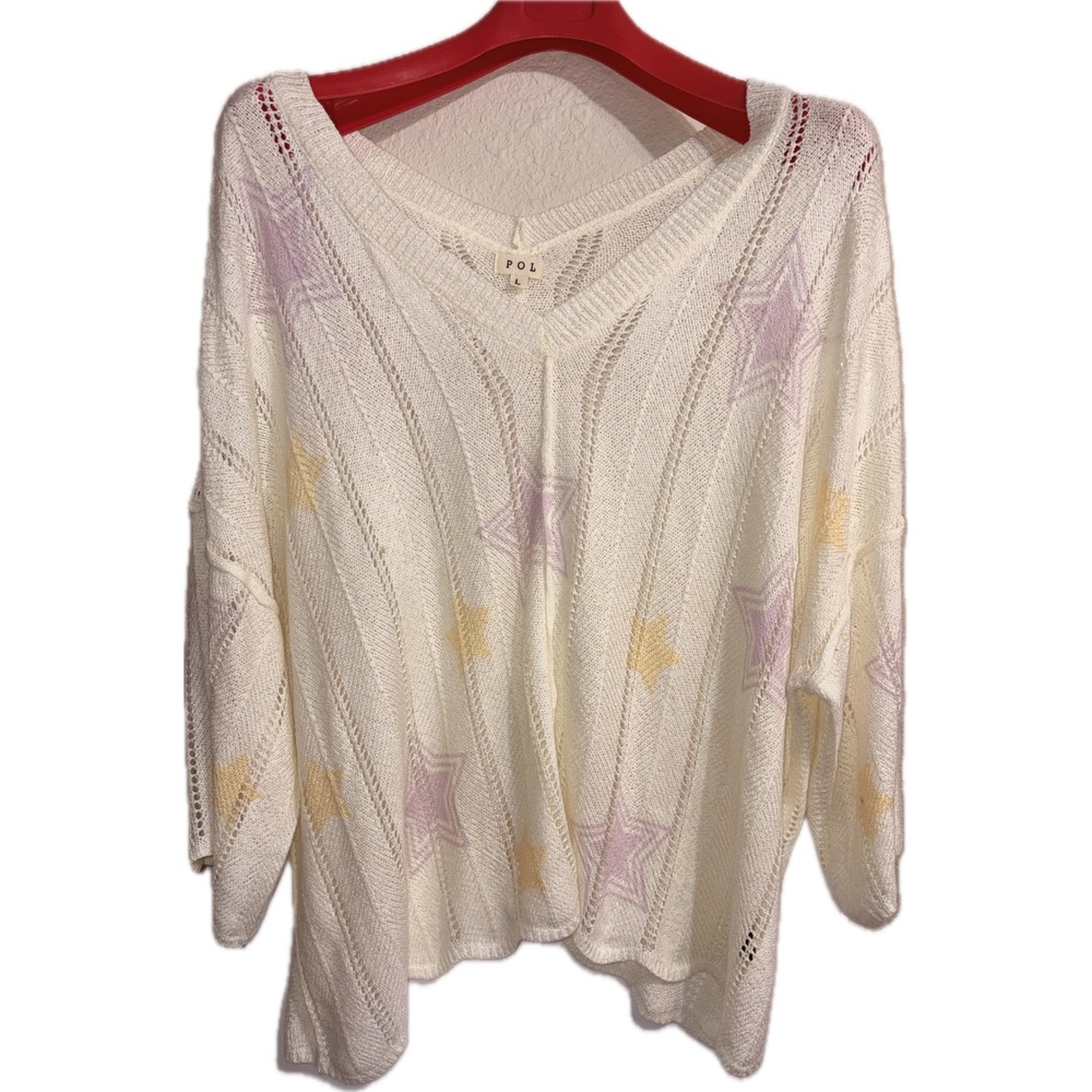 Bohemian POL Star Print Pointelle Knit V-Neck Sweater Oversized Large